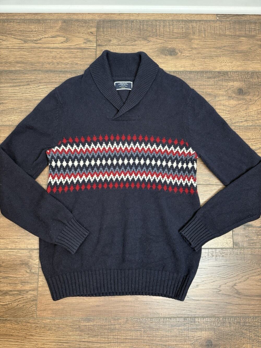 Charles Tyrwhitt Sweater 100% Merino Wool Navy Blue Shawl Neck Aztec Mens Sz M
